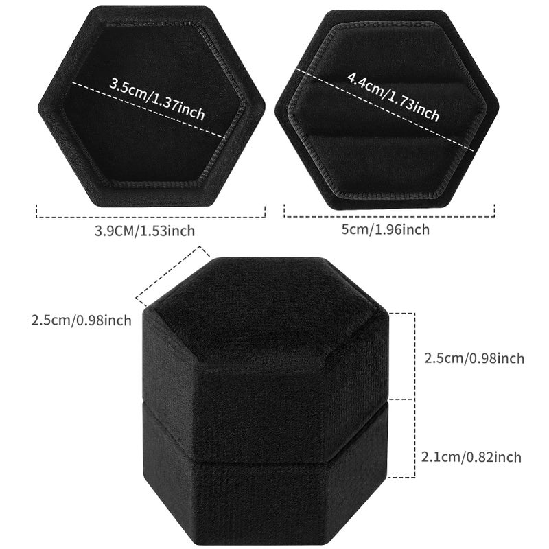 DesignSter Hexagon Velvet Ring Box - Premium Gorgeous Vintage Double Ring Display Holder with Detachable Lid for Proposal, Engagement, Wedding, Ceremony (Black) - Image 4